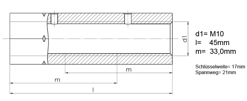 Design61 Stangenmutter M10 x 45mm Sechskant Spannschlossmutter Innengewinde Gewindestange Stahl Verzinkt 4er Set