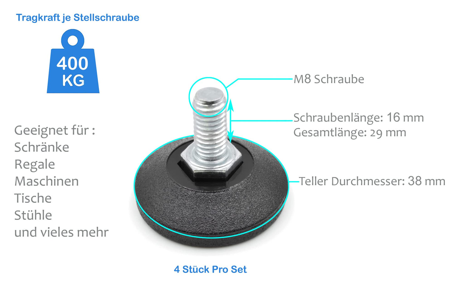 Design61 4X Verstellschraube Justierschraube Ø 38 mm mit verzinkter Stellschraube M8 x 16 mm