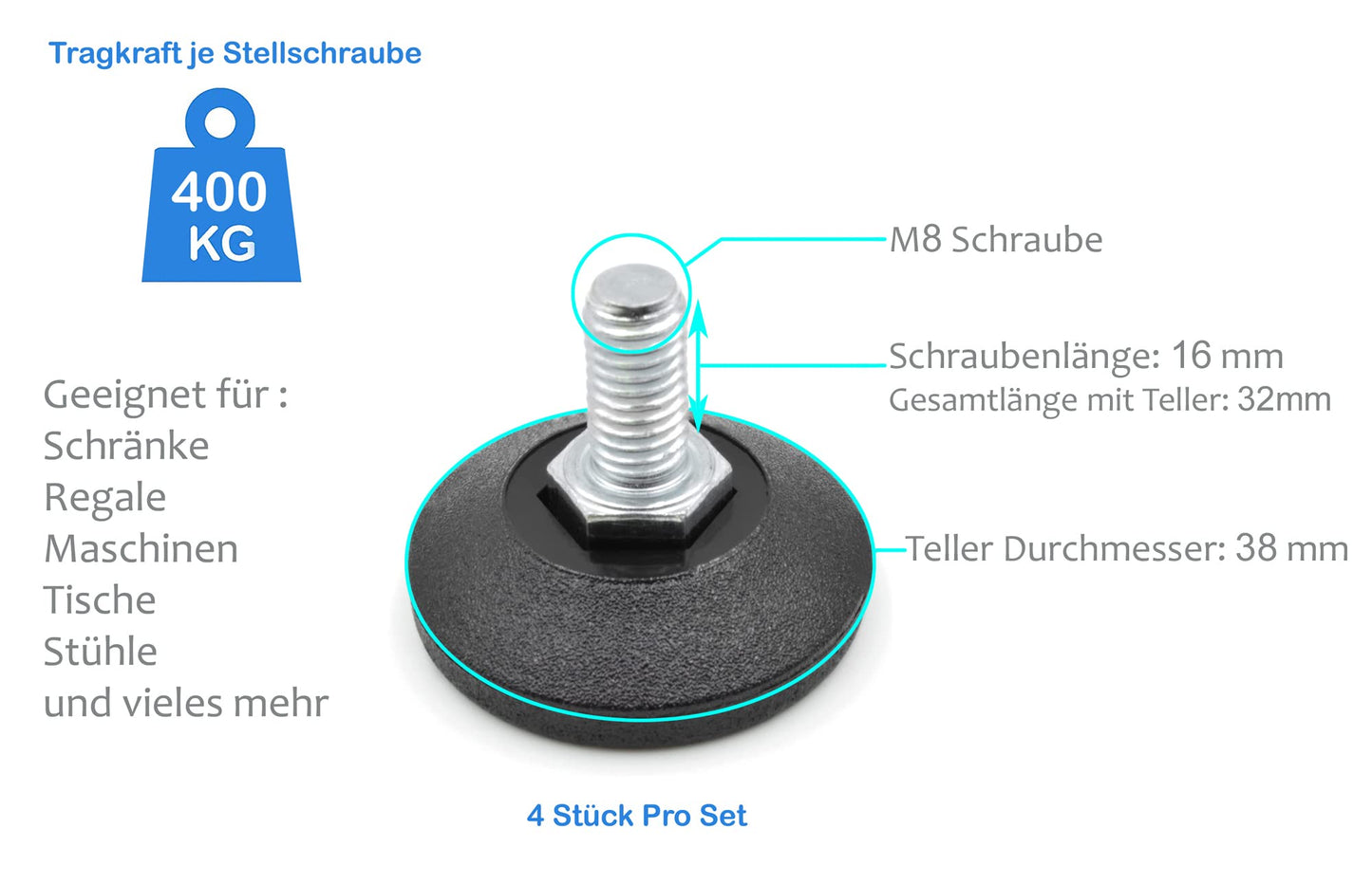 Design61 4X Verstellschraube Justierschraube Ø 38 mm mit verzinkter Stellschraube M8 x 16mm (Fuß drehbar)