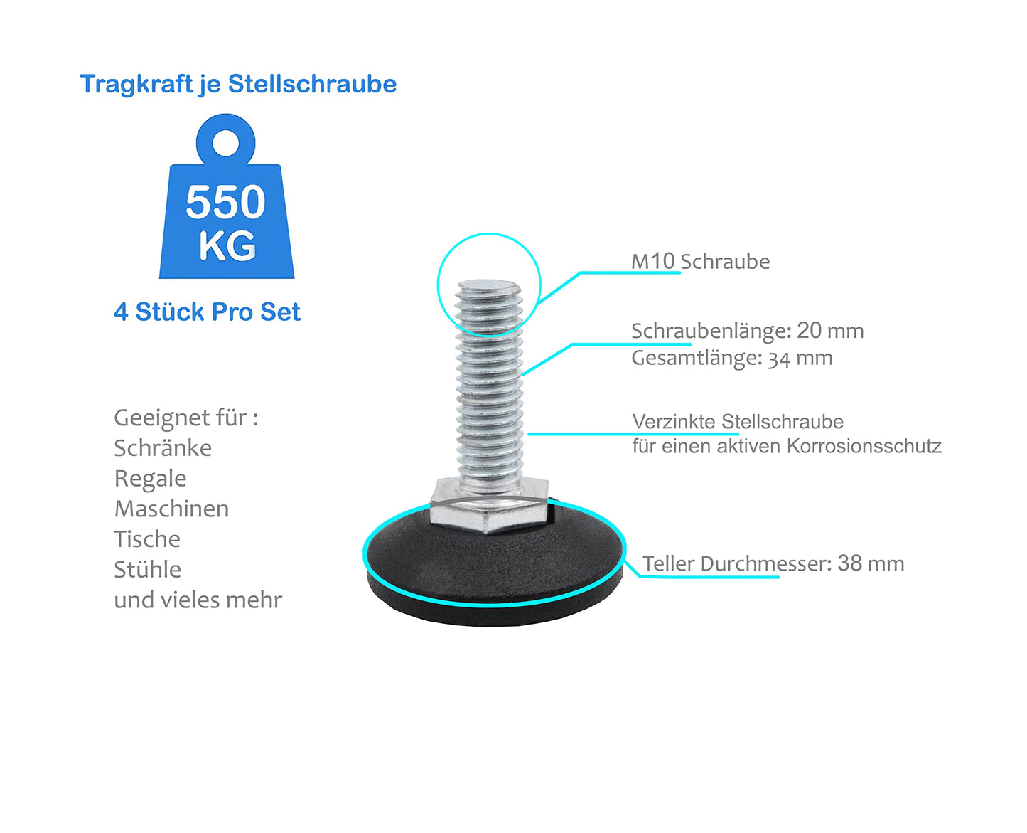 Design61 4X Verstellschraube Justierschraube Ø 38 mm mit verzinkter Stellschraube M10 x 20 mm