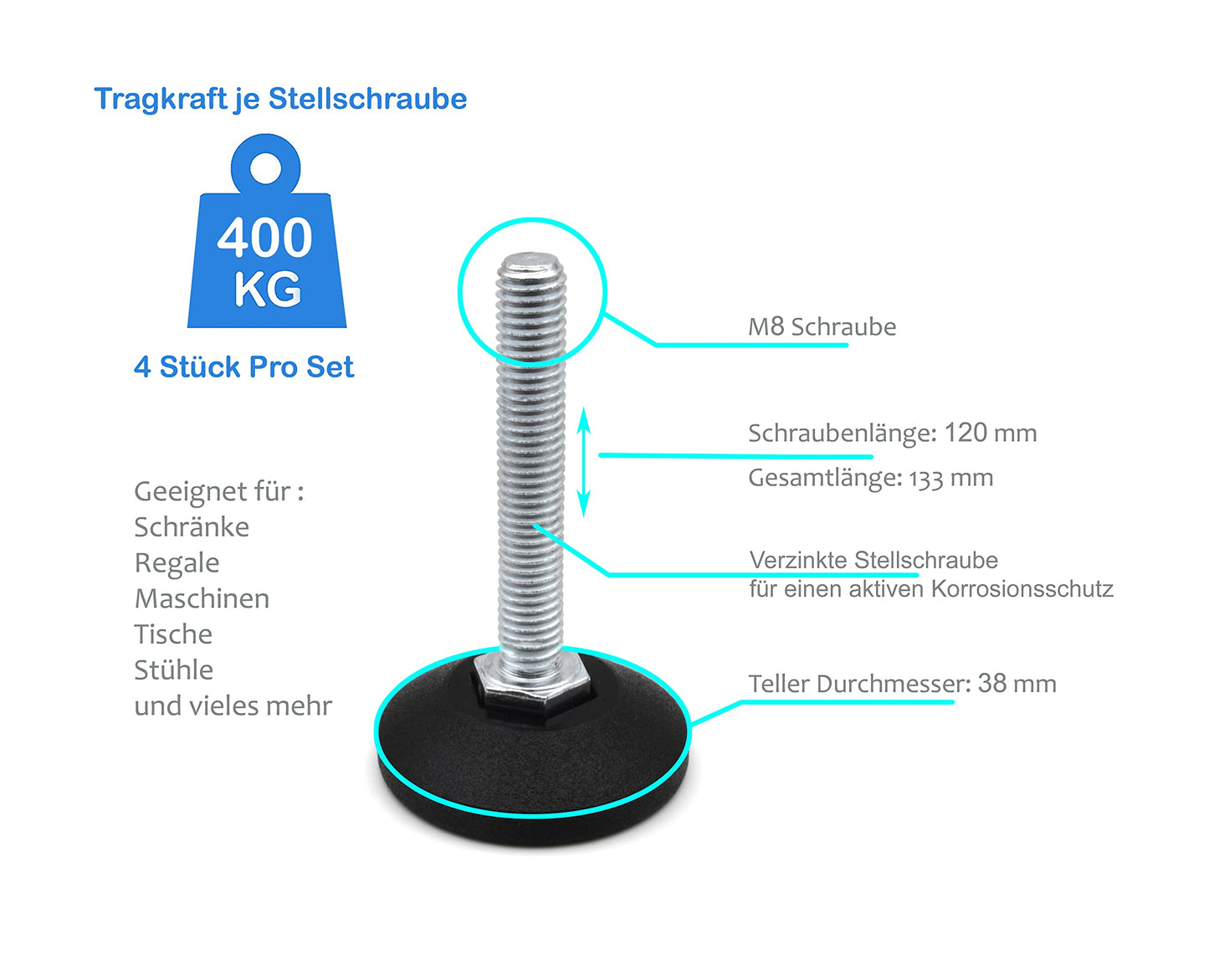 Design61 4X Verstellschraube Justierschraube Ø 38 mm mit verzinkter Stellschraube M8 x 120 mm